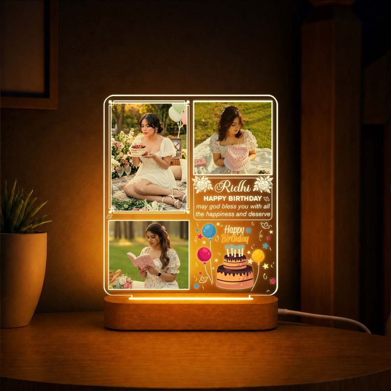 Personalized Photo Night Light with Wooden Base – Custom 3-Photo Acrylic LED Lamp with Name Birthday Gift for Her, Wife, Girlfriend, Daughter, Best Friend